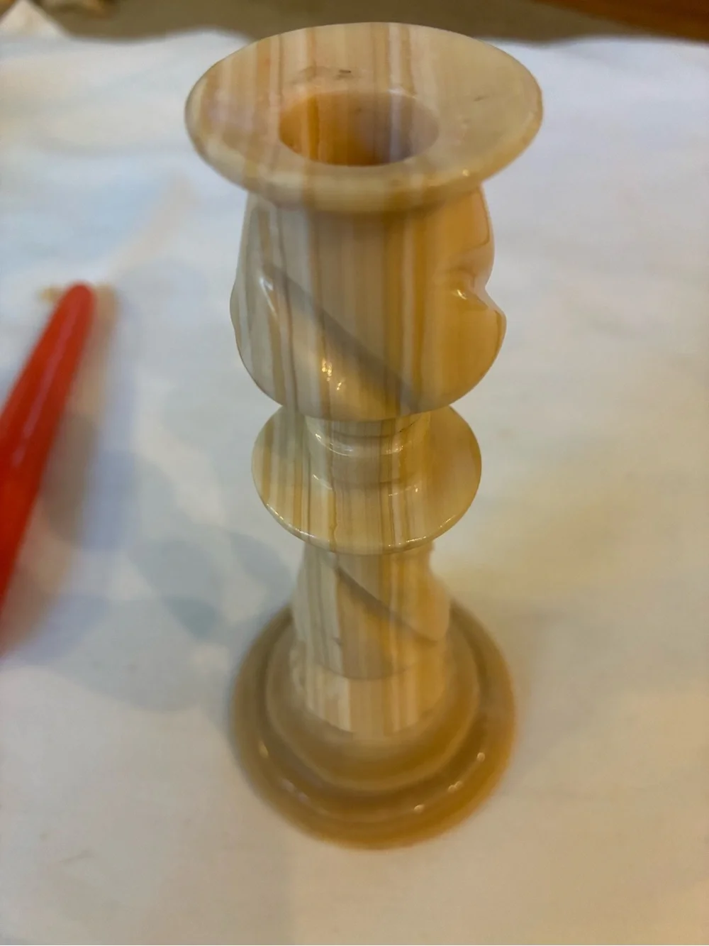 Hand-Carved Beige Striped Onyx Candlestick Holder